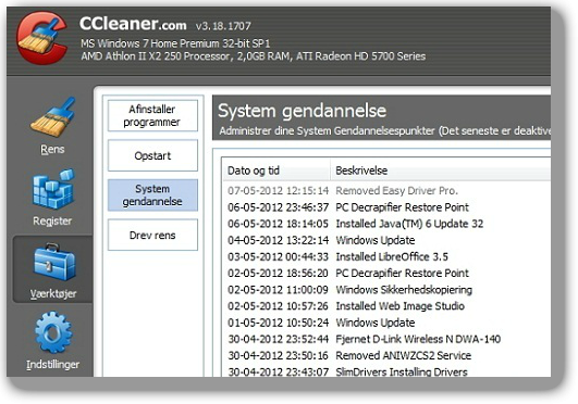 Systemgendannelse i CCleaner.